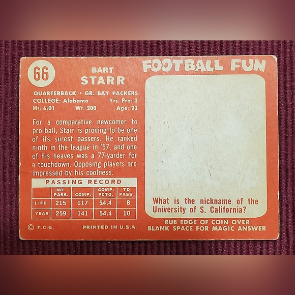 1958 Topps Bart Starr 2nd Year Card #66 EX+ - Picture 2 of 2